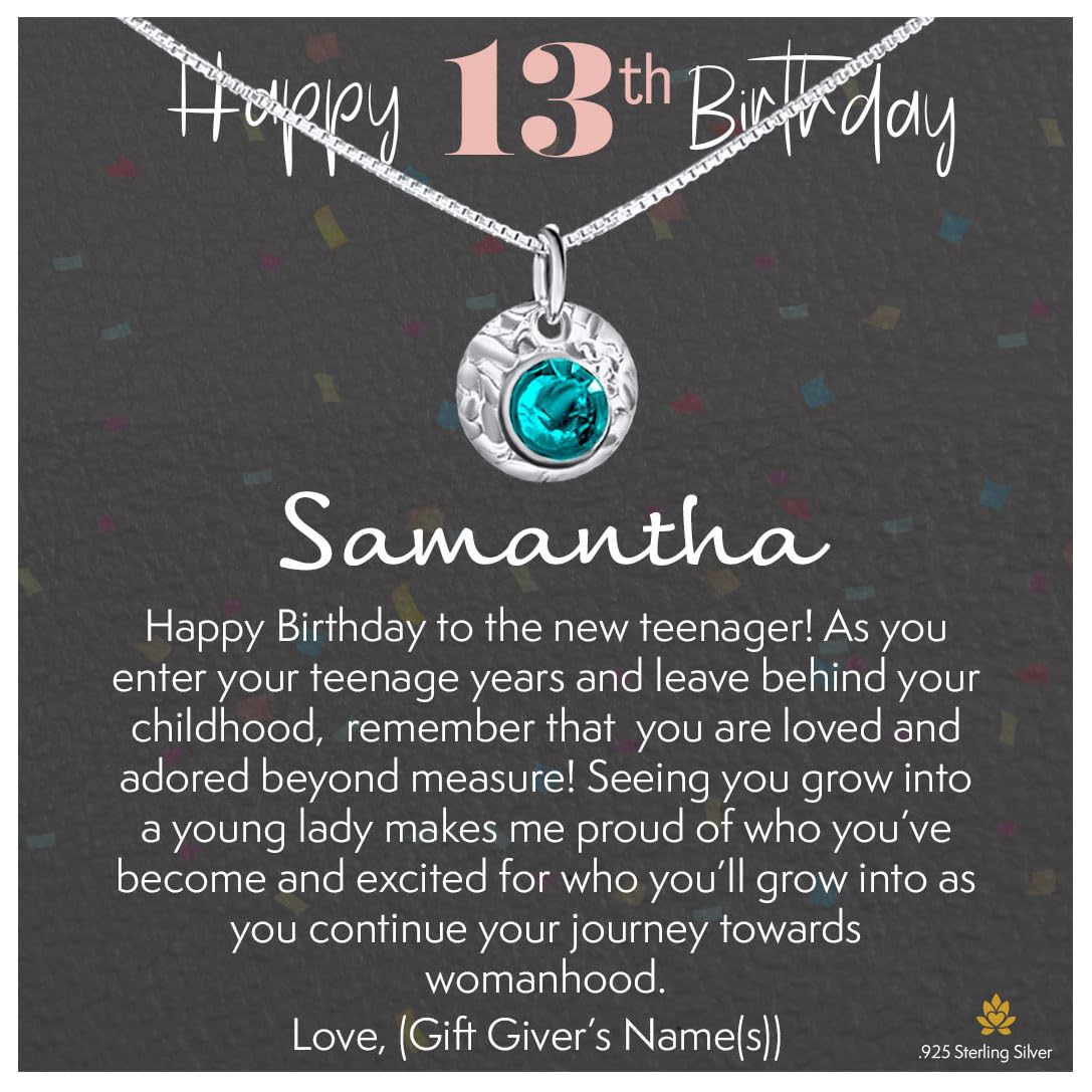 Personalized Birthstone Necklace for 13th Birthday, Gift ideas for 13 year old girl, Sterling Silver, 13th year old gifts For Daughter, For Granddaughter, For Friend (Hammered Disk with Birthstone)
