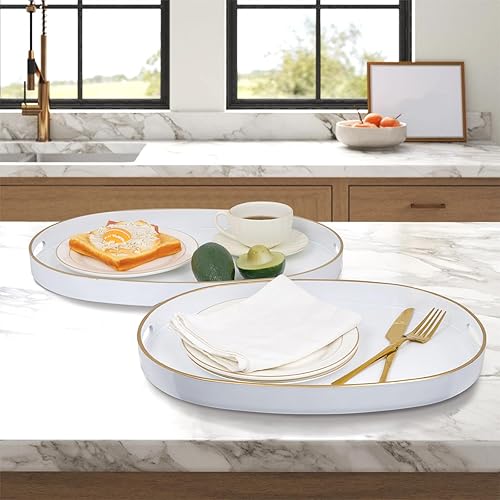 Miniatura 2 de MAONAME Bandejas blancas para servir con asas, bandejas decorativas ovaladas para mesa de café, bandejas anidables, juego de 2, bandejas de tocador