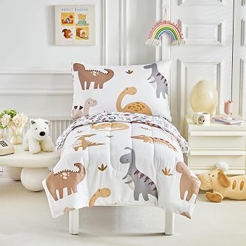 Dinosaur Toddler Bedding Set for Boys Girls Coffee 4 Pieces Toddler Bed Set - Ultra Soft Cute Dinos Toddler Bed in a Bag - Includeing Comforter Sheet Set Pillowcase SYUTBS-21-T05
