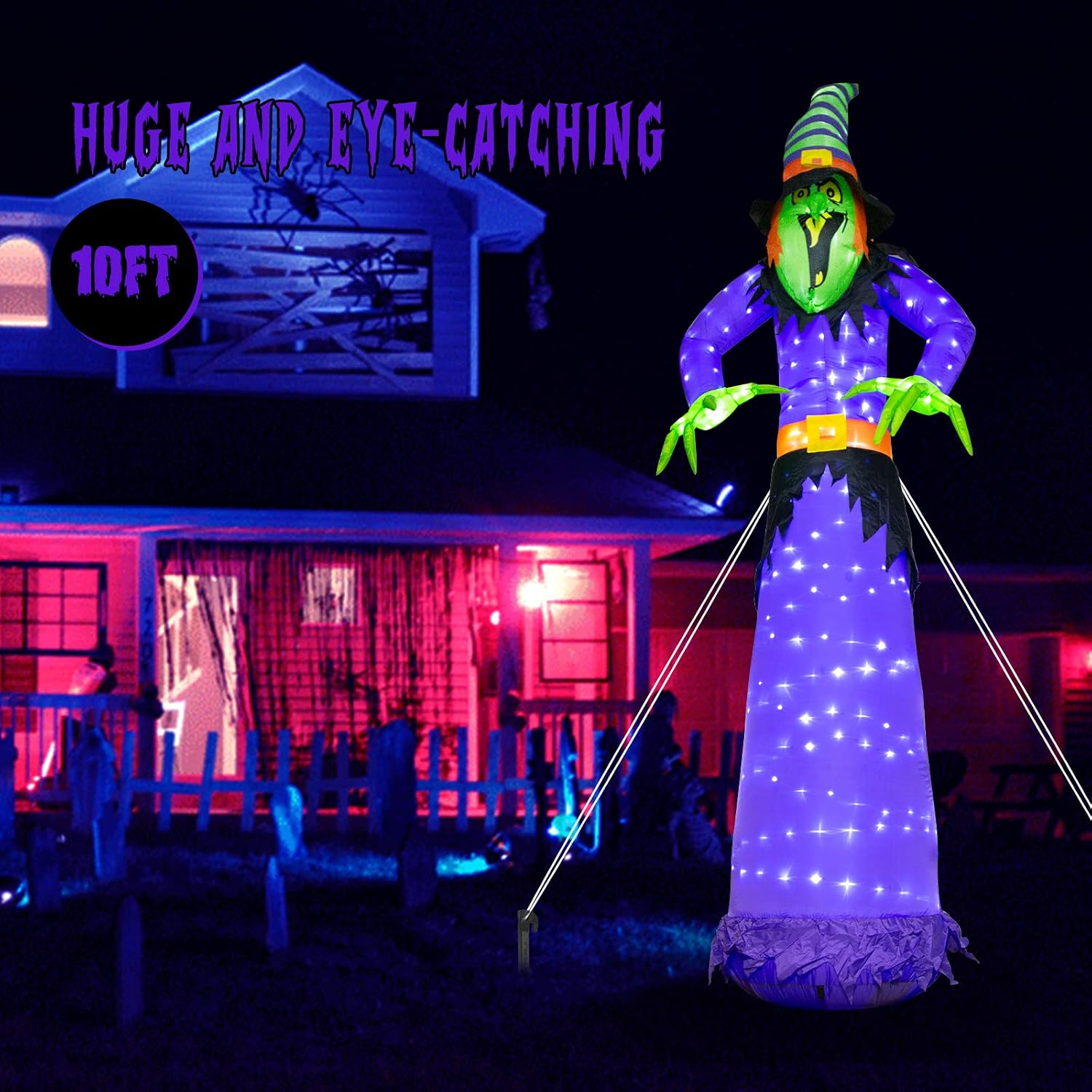 EAMBRITE 10 FT Halloween Inflatable Witch with 248LED Cool White Lights, Giant Scary Witch Blow Up Outdoor Halloween Decorations for Yard, Garden, Lawn, Party