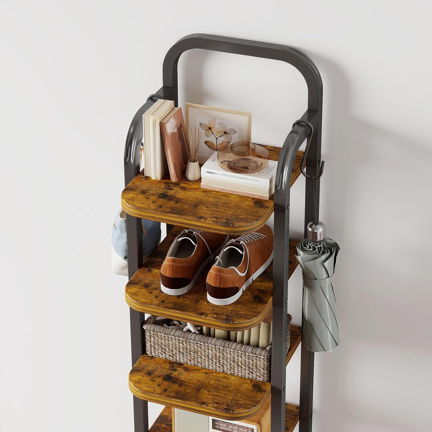 10 Tiers Vertical Shoe Rack, Adjustable Shoe Shelf Storage Organizer with 2 Hooks for Entryway Hallway Bedroom Living Room Closet