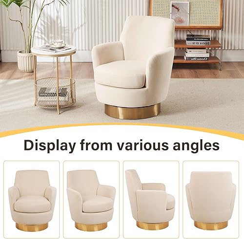 Miniatura 5 de Silla giratoria de barril, moderna tapizada de terciopelo con respaldo alto, sillón individual de 360 grados para sala de estar, color beige