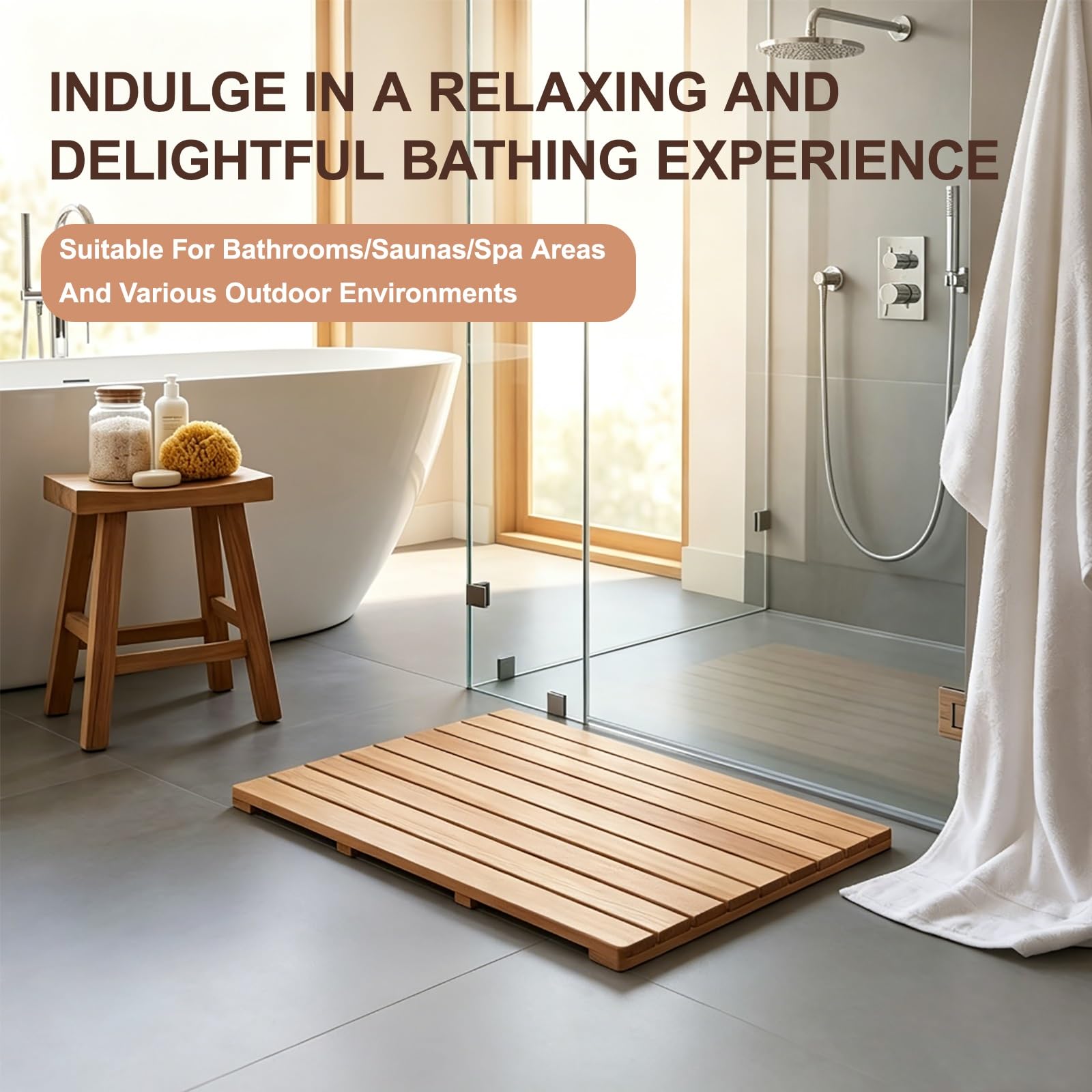 Tappetino Bagno in Legno - Pedana Doccia in Legno di Cedro Rosso - Antiscivolo con Maniglia per Bagno Sauna e Spa(Light,60x70cm/23.6x27.6in)
