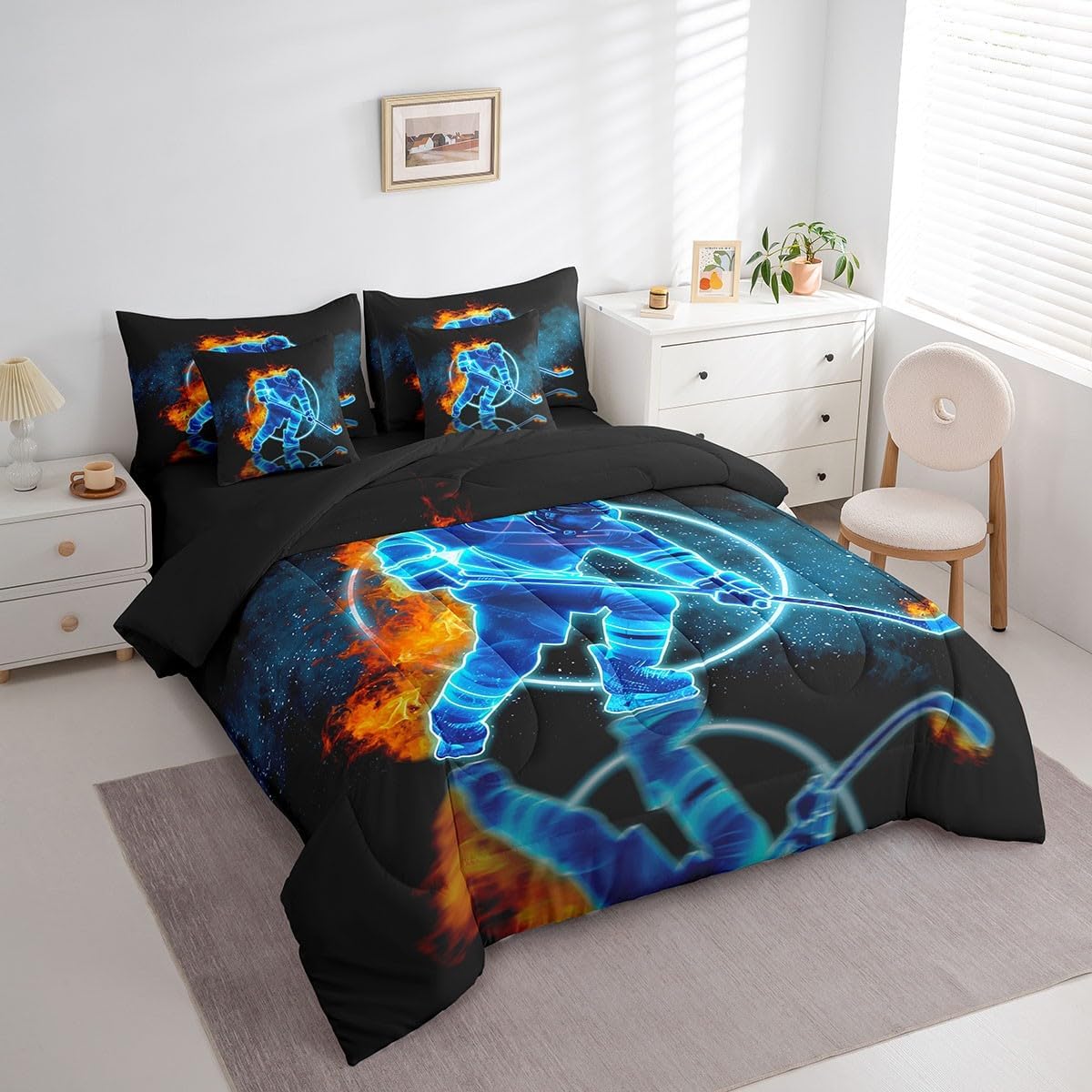 Erosebridal Ice Hockey 7 Piece Bedding Set Twin Size,Hockey Player Bed in a Bag,Winter Sports Ball Game Bed Set Includes Comforter, Sheet Set, Pillowcases & Pillow Covers All Season Bedroom Decor