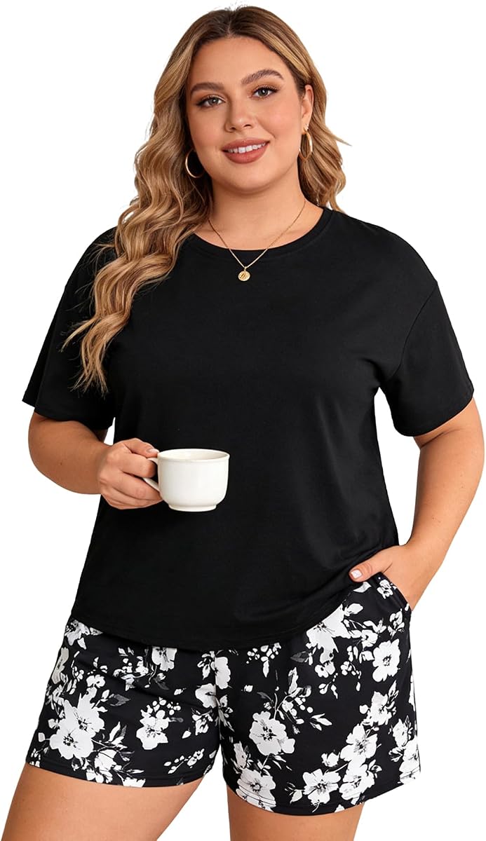 YIJIU Conjunto de pijama para mujer de talla grande, 2 piezas, camiseta de manga corta y pantalones cortos, ropa de dormir de verano, suave pijama con bolsillos