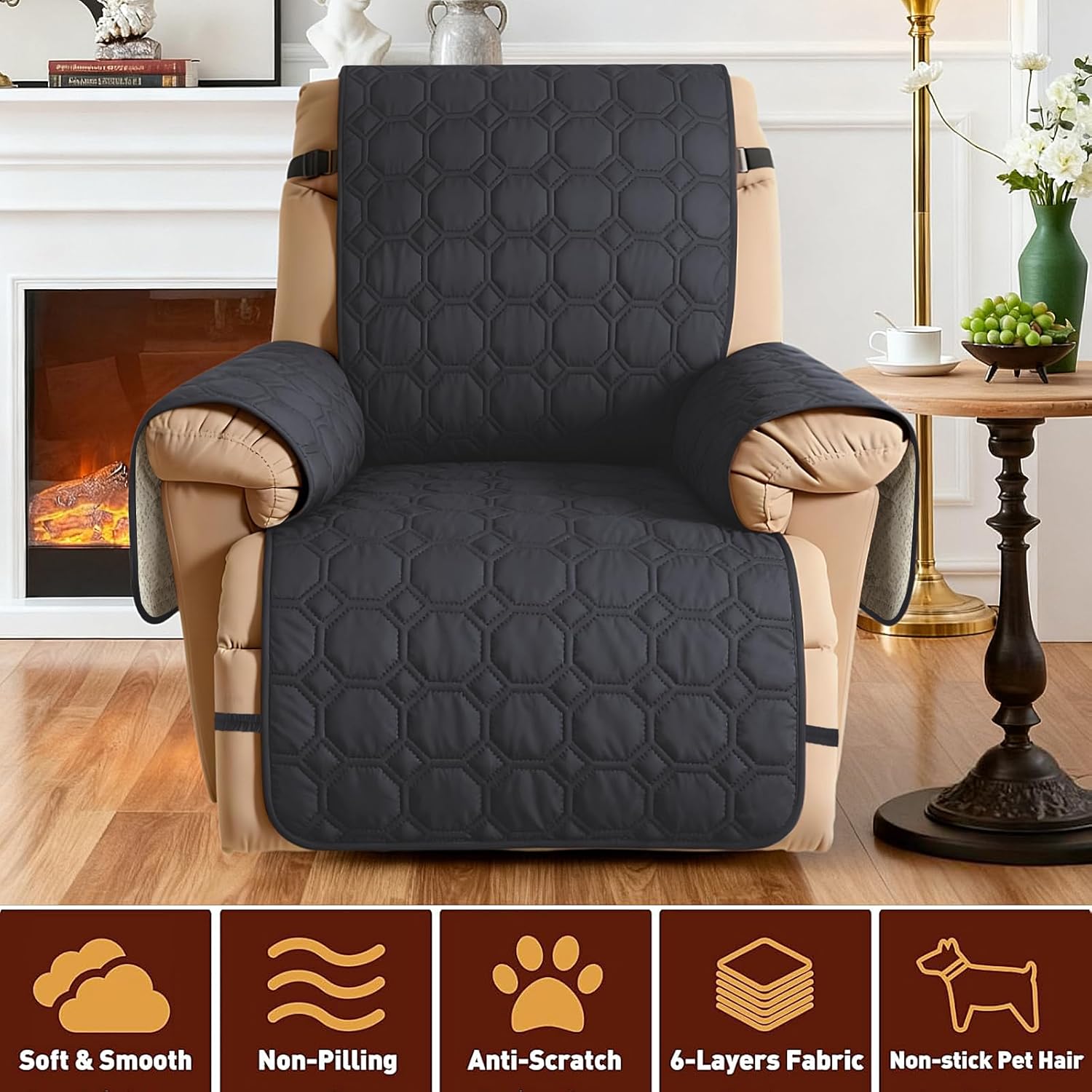 XINEAGE 100% Waterproof Recliner Chair Cover, Non Slip Covers for Recliner Chair with Pocket, Washable Dog Recliner Couch Cover with Elastic Straps (Black, 30")