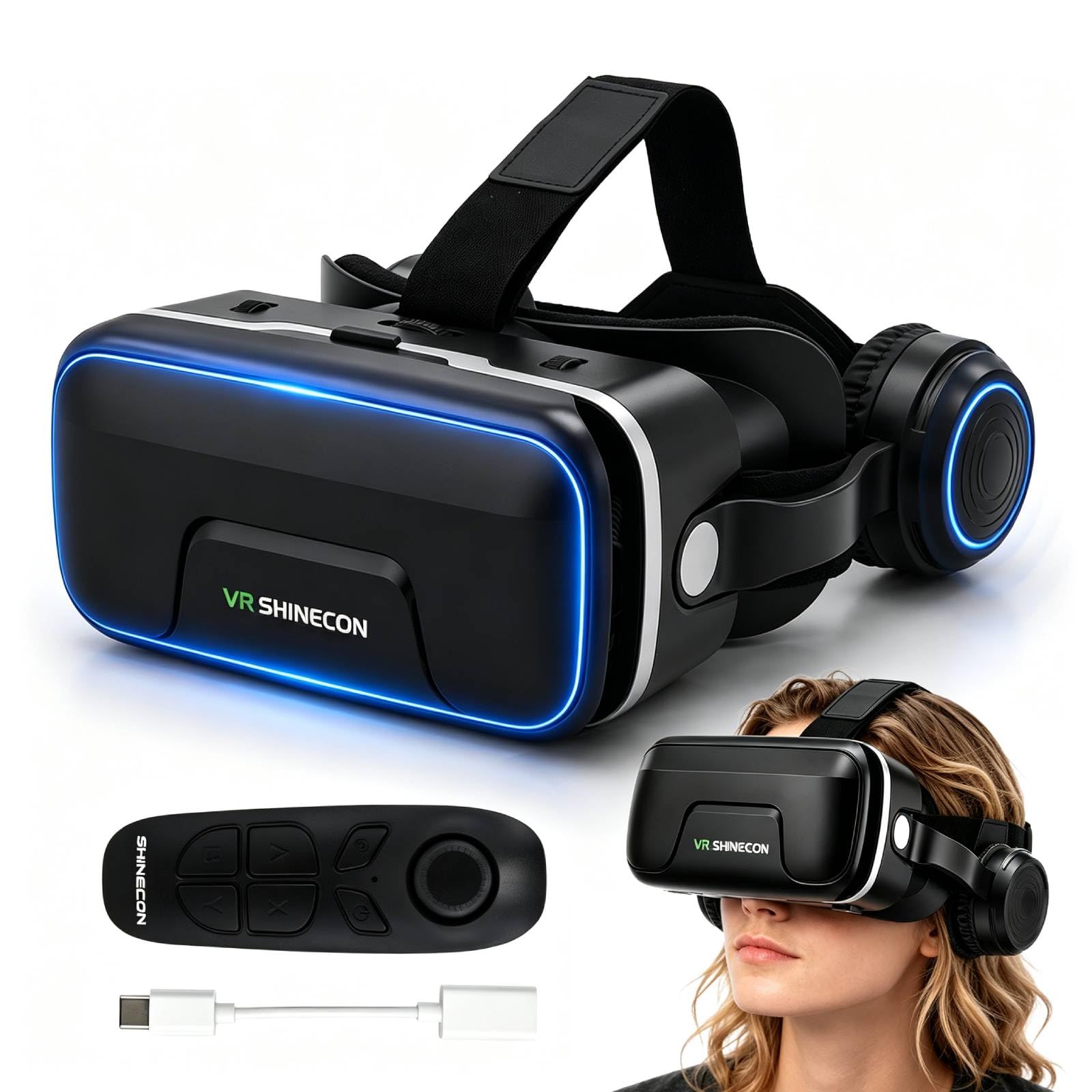 Gafas de realidad virtual 3D para teléfono móvil con auriculares, Gamepad, gafas de realidad virtual con campo de visión de 120°, protección contra la luz azul, auriculares VR distancia ocular
