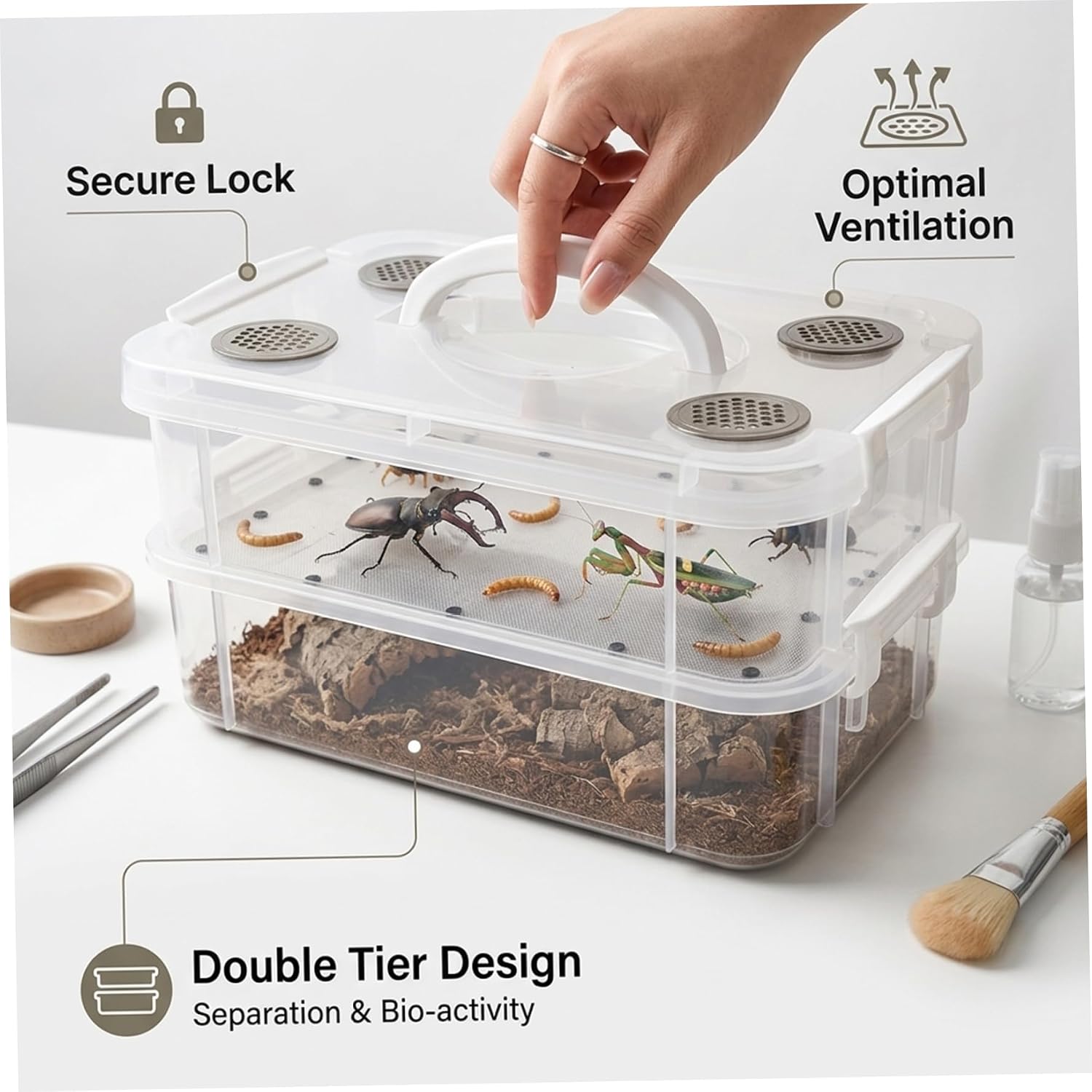 Mealworm Breeding Kit - Transparent Critter Keeper Container with Automatic Waste Separation for Live Insects like Dubia Roaches & Crickets - Includes Cleaning Tools Plastic Terrarium Critter Keeper