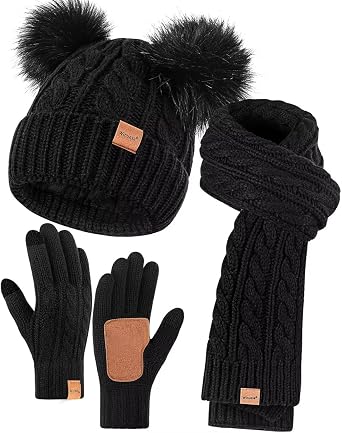 Winter Hat Scarf Glove Set for Women, Fleece Lined Beanie with Double Pom Pom, Touchscreen Gloves Knit Scarf for Cold Weather