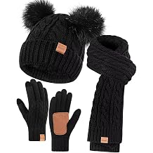 Winter Hat Scarf Glove Set for Women, Fleece Lined Beanie with Double Pom Pom, Touchscreen Gloves Knit Scarf for Cold Weather