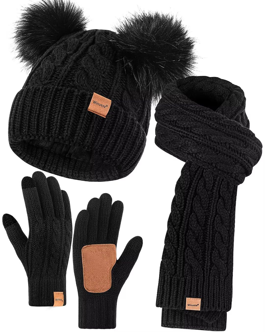 Winter Hat Scarf Glove Set for Women, Fleece Lined Beanie with Double Pom Pom, Touchscreen Gloves Knit Scarf for Cold Weather