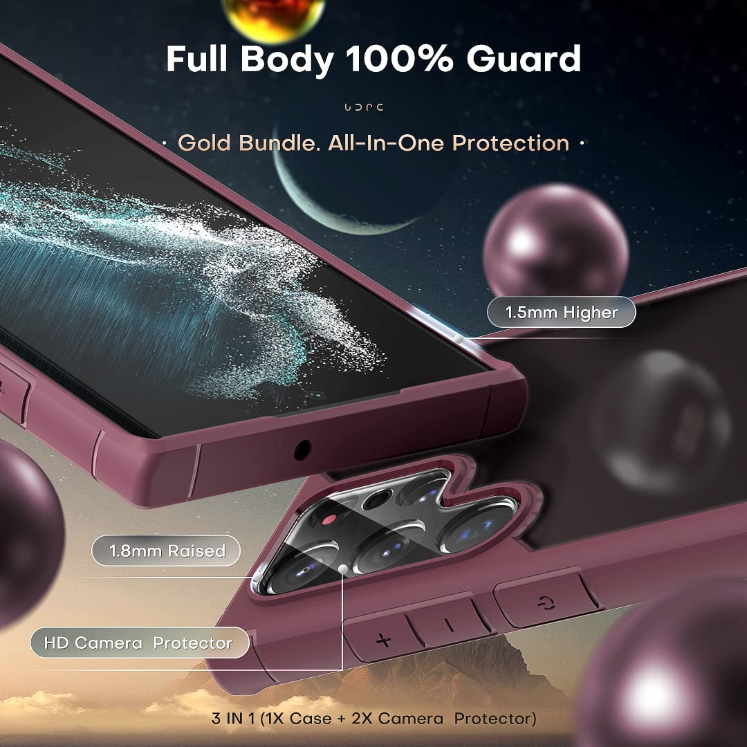 TOCOL Confezione da 1+2 custodie progettate per Samsung Galaxy S22 Ultra con 2 pellicole protettive obiettivo della fotocamera,[goccia di grado militare], Custodia Galaxy S22 Ultra 6.8", prugna