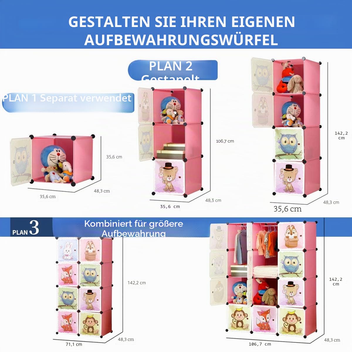 BRIAN & DANY Erweiterbares Kinderregal Kinder Kleiderschrank Stufenregal Bücherregal mit Türen & 2 Aufhängern, Tiefere Fächer als Normal (45 cm vs. 35 cm) für Mehr Platz, 110 x 47 x 147 cm, Rosa