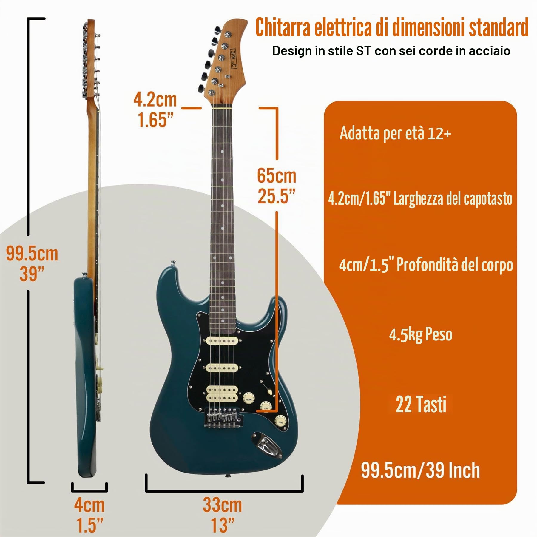 3rd Avenue Stateside Kit Definitivo Per Chitarra Elettrica 4/4 Full Size Con Amplificatore Da 5 W, Cavo, Supporto, Borsa Imbottita, Tracolla, Plettri, Lezioni Gratuite - Delta Blue
