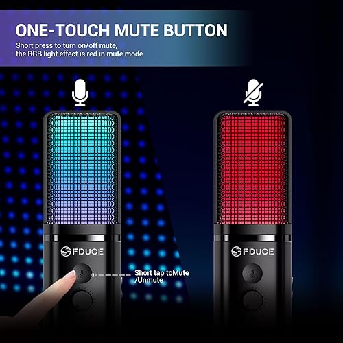 Miniatura 3 de FDUCE Micrófono USB para juegos para PC, micrófono de computadora de condensador RGB con soporte de trípode, silencio rápido, control de ganancia,