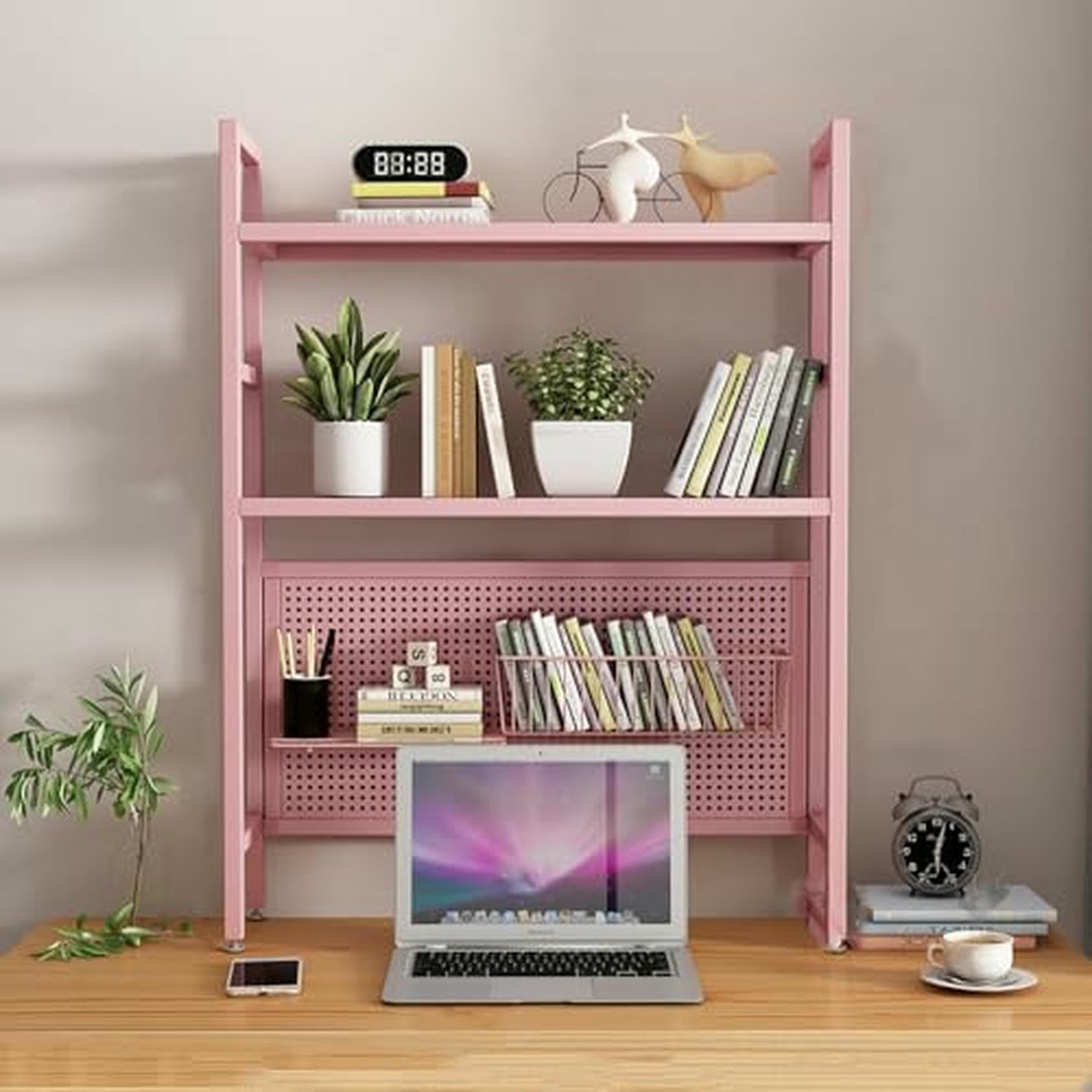CWCQGH Black Desktop Hutch & Bookshelf - 95cm Student Pegboard Bookcase for Dormitory & Home Office - Computer Desk Storage Rack & Display, Single Layer Organization Solution,Pink Double Layer-75cm