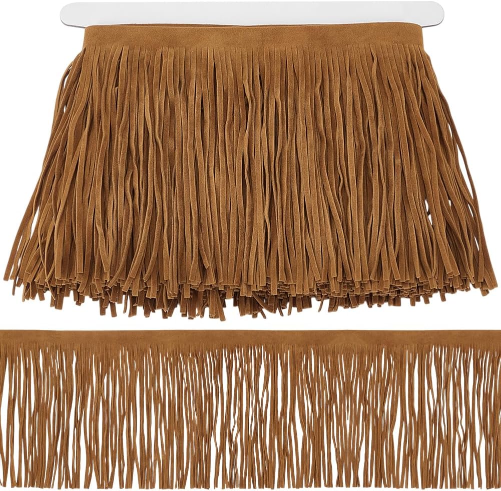WADORN 3.2 Yards 6 Inch Double Side Suede Tassel Trims, Faux Leather Fringe Trim Brazil Tassel Fringe Edging Ribbon Embellishment Decoration for DIY Sewing Craft Garment Hem, Light Brown