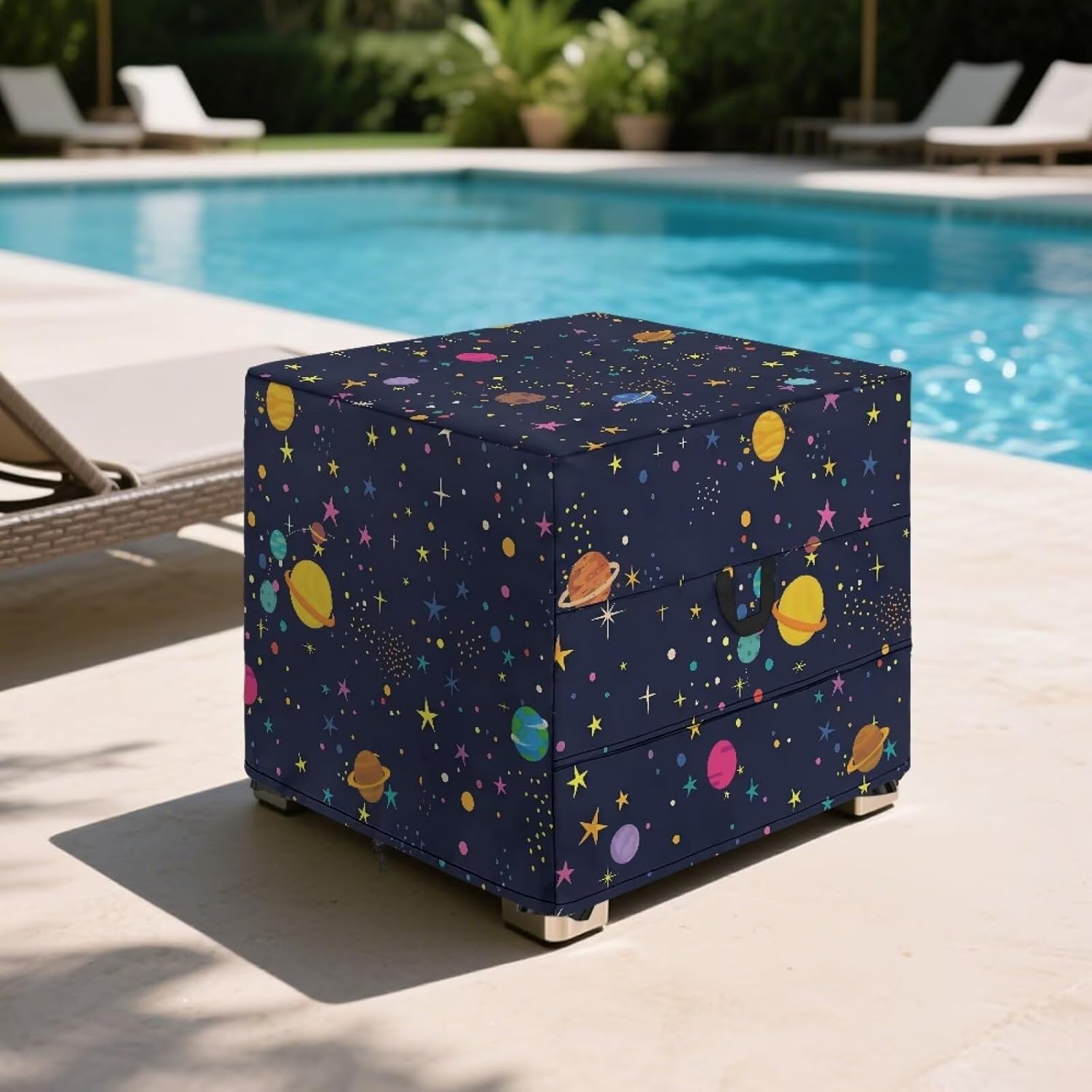 Square Patio Ottoman Cover,Galaxy Waterproof Outdoor Ottoman With Handles, Heavy Duty Side Table Cover, Size 22L x 22W x 18H inch
