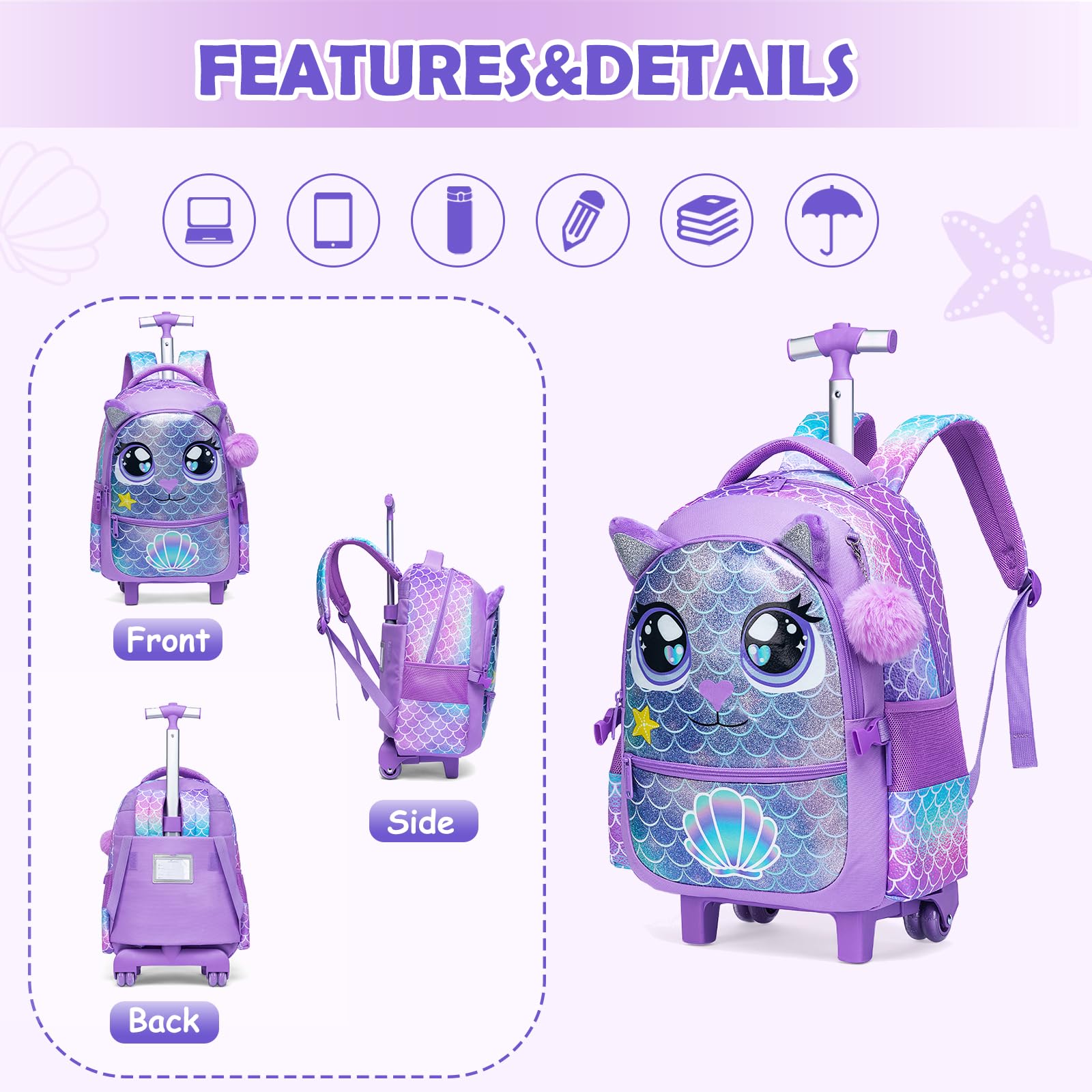 Kinder Rucksack mit Rollen für Mädchen die Schule Große Augen Tier Leopard Koffer Schultrolley Komplett mit Lunchbag Federmäppchen-Set Geeignet Grundschüler Jugendliche 5-12 Jahre Alt Lila