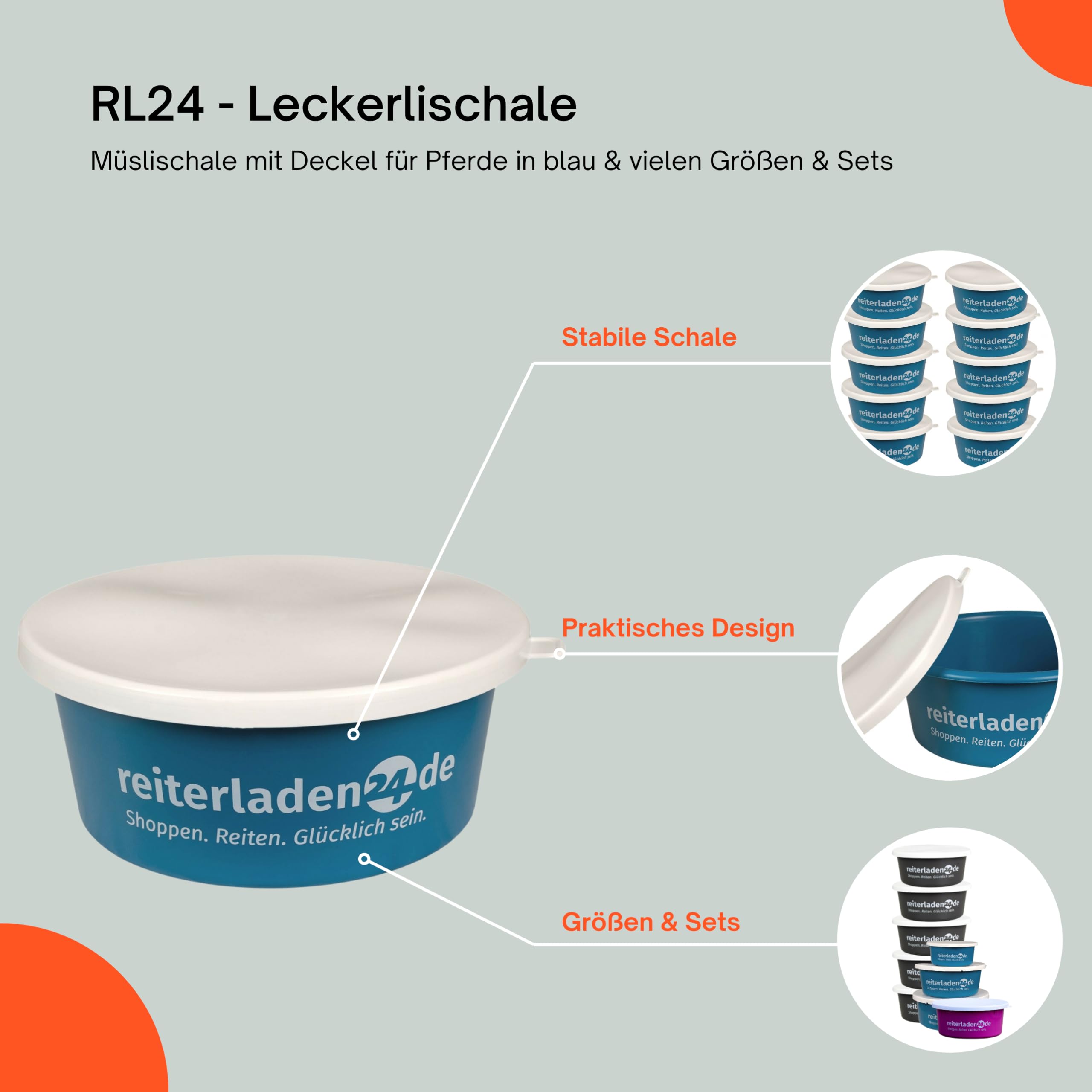 RL24 Leckerlischale Müslischale mit Deckel für Pferde Futterschale 5er Set Blau 2l Pferdezubehör