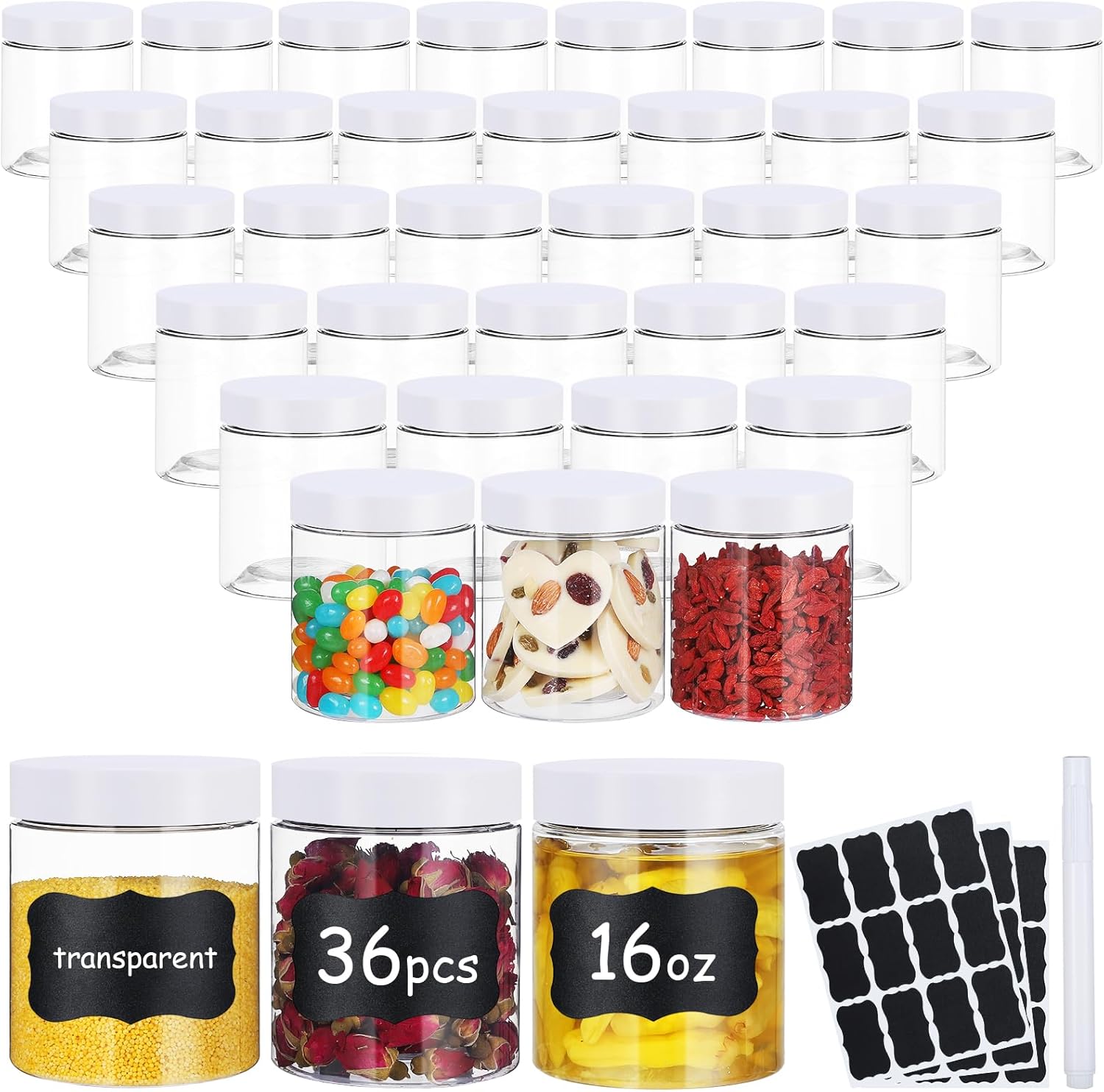 36pcs 16 oz Plastic Containers with Lids Labels Leak Proof BPA Free Airtight Refillable Clear Small Containers Storage Jars for Storing Dry Food Slime Honey Jam,white White 16 Ounce