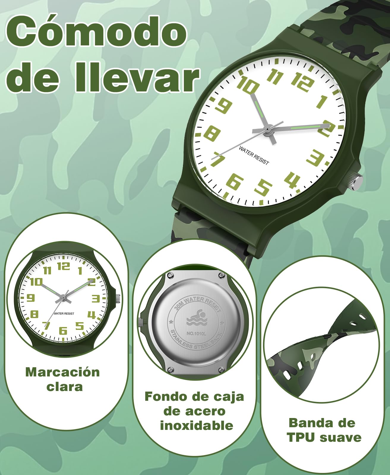 SOCICO Reloj Infantil analógico Minimalista con Estampado de Camuflaje, Reloj Deportivo Resistente al Agua para niños de 5 a 15 años, fácil de Leer para niños y niñas