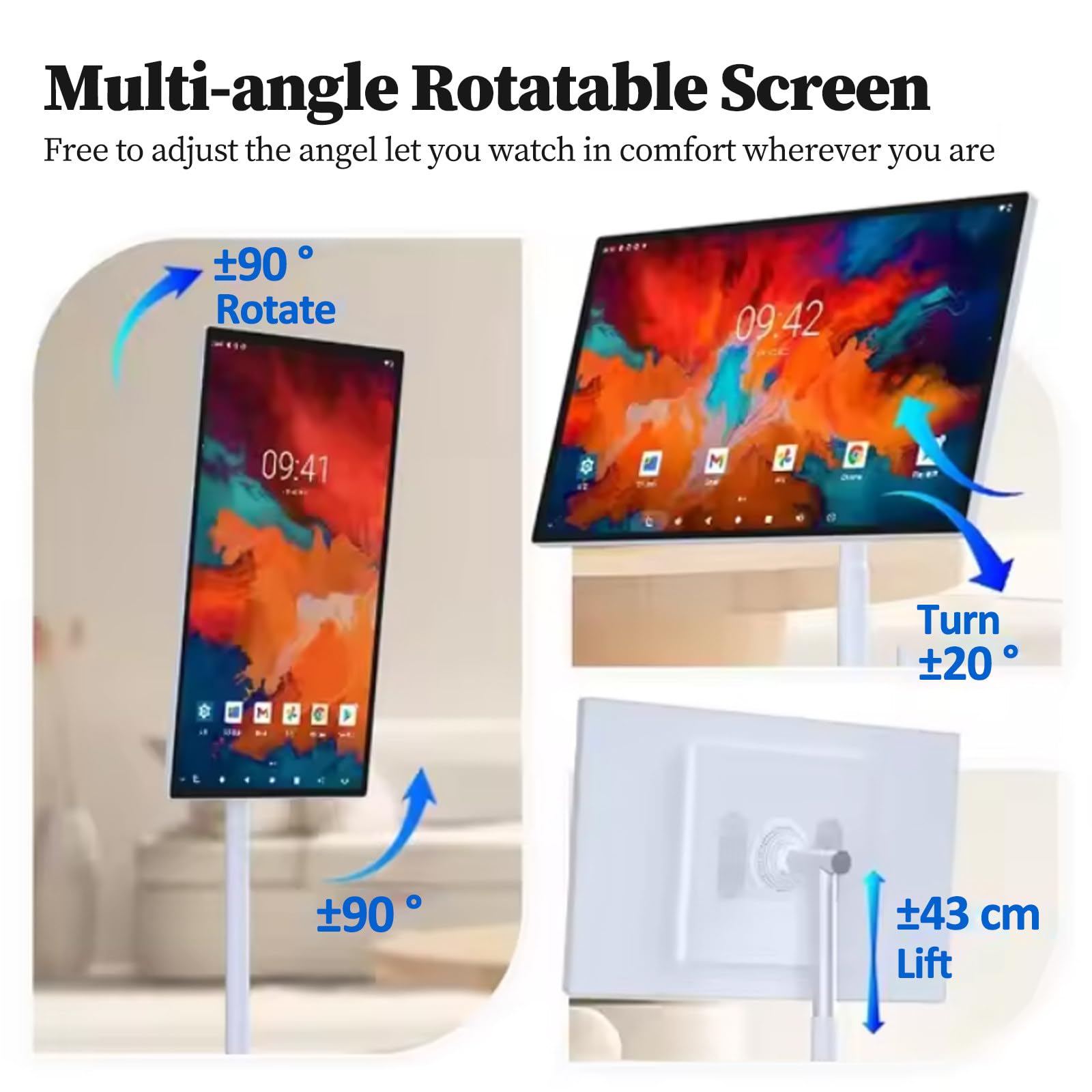 Téléviseur Portable 32 Pouces - écran Tactile 1080p sur roulettes avec Caméra 8 Mpx, Stockage 8 Go + 128 Go, Batterie 10 000 Mah, Tablette TV Rotative avec Télécommande 32inch-6+64G