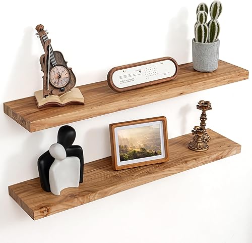 Miniatura 27 de Estantes flotantes para decoración de pared, estantes flotantes rústicos de madera maciza de olmo con borde vivo, estantes de pared con soporte