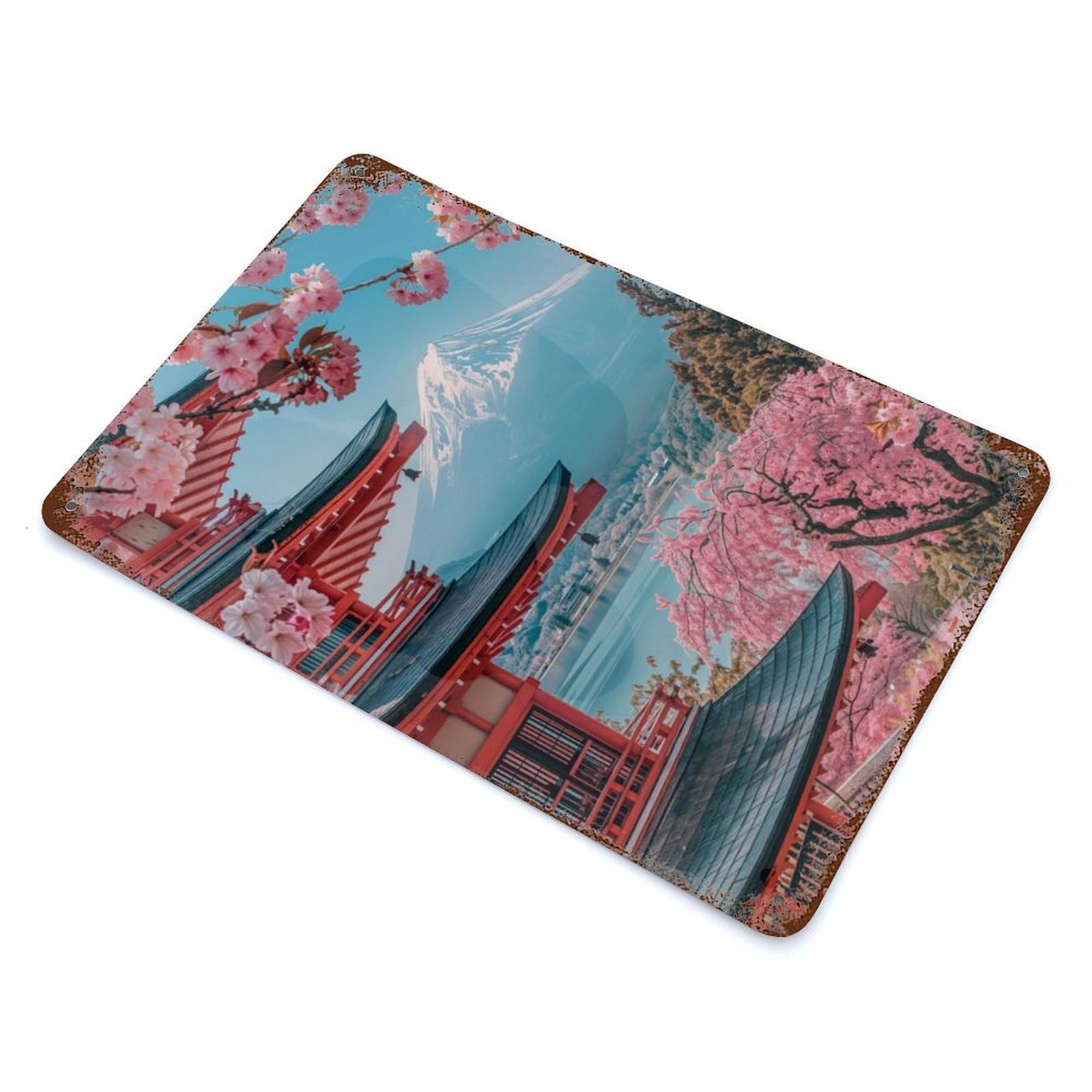Japanese Sakura Temple Rustic Tin Plaque 11.8"x7.9", for Living Room, Hallway And Home Decor, Decorative Metal Wall Art