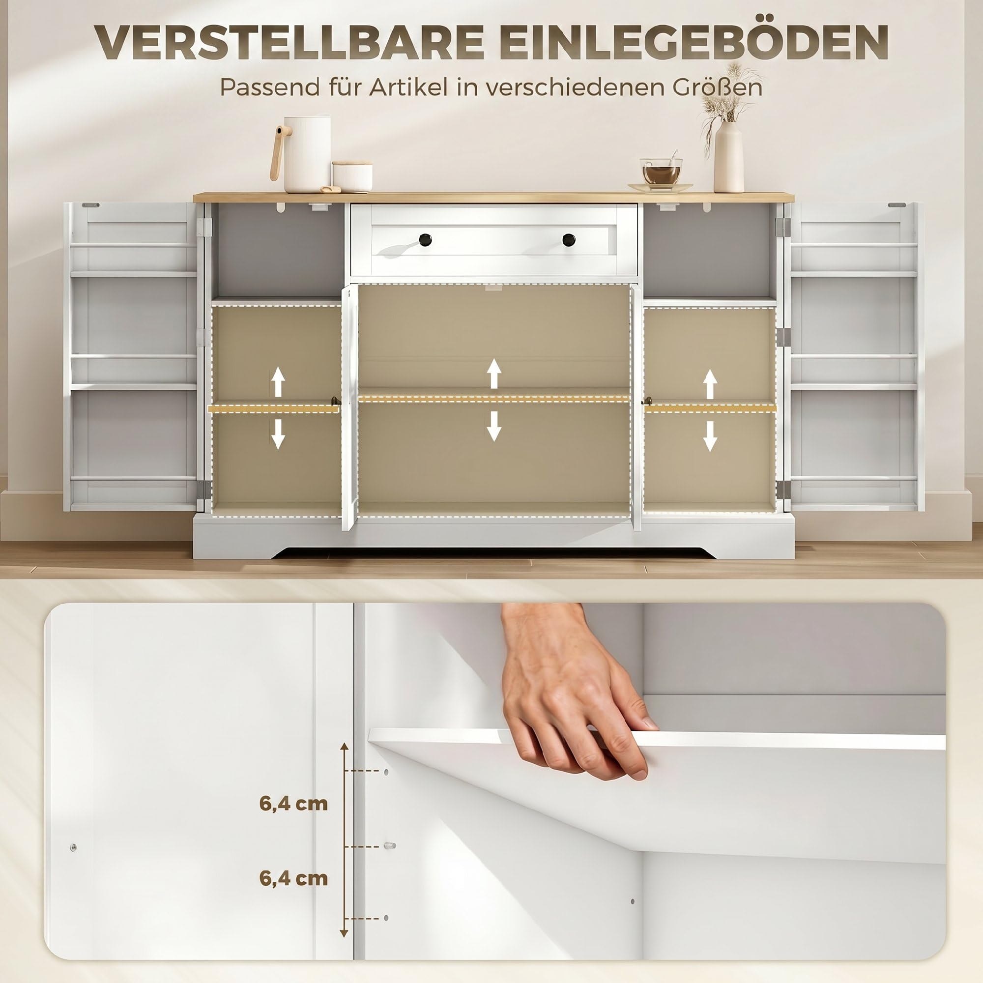HOMCOM Sideboard Küchenschrank mit 4 Türen Schublade 138x40x85 cm Weiß