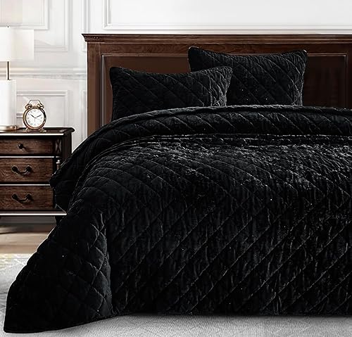 Chezmoi Collection Lux - Juego de edredón de terciopelo negro extra grande, ropa de cama de terciopelo envejecido de 3 piezas para todas las