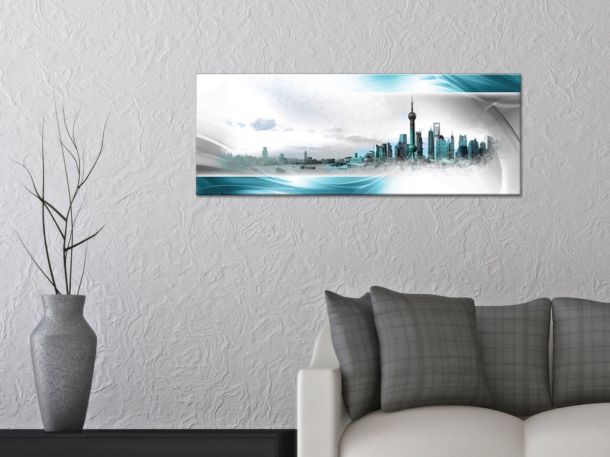 Declina, Quadro decorativo da parete per soggiorno moderno, quadro decorativo da parete, tela panorama di Shanghai rosso 100 x 35 cm, CANVAS, Turquoise, 120x50 cm