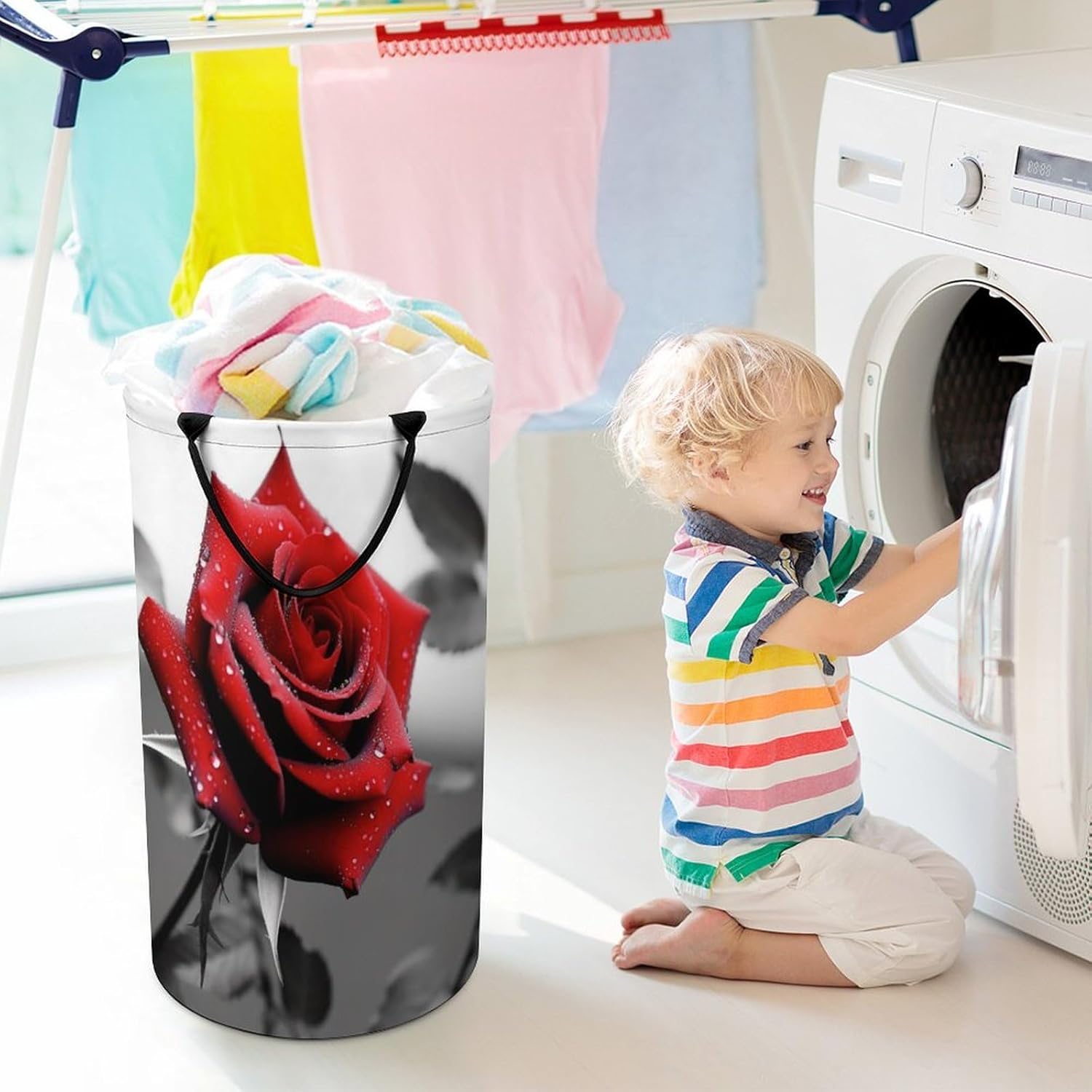 Black And White Red Rose Laundry Basket Freestanding Laundry Hamper with Handles Waterproof Dirty Clothes Hamper Collapsible Washing Bin Aesthetic Clothes Basket for Bathroom Bedroom Dorm