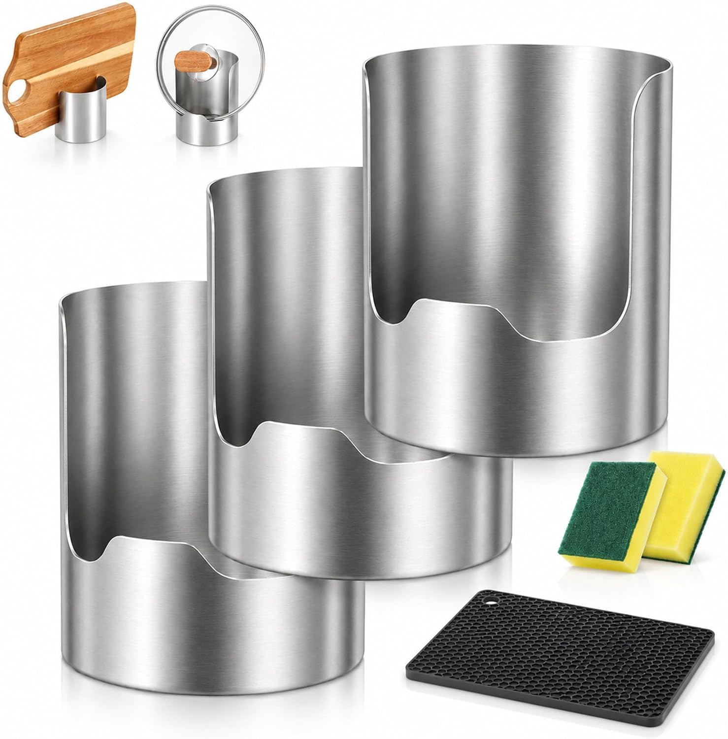 Countertop Kitchen Tool Organizer,Stainless Steel Utensil Caddy with Spoon Rest,Pot Lid Rack,Spatula Holder,and Cutting Board Stand,Wide Base for Cooking Accessories