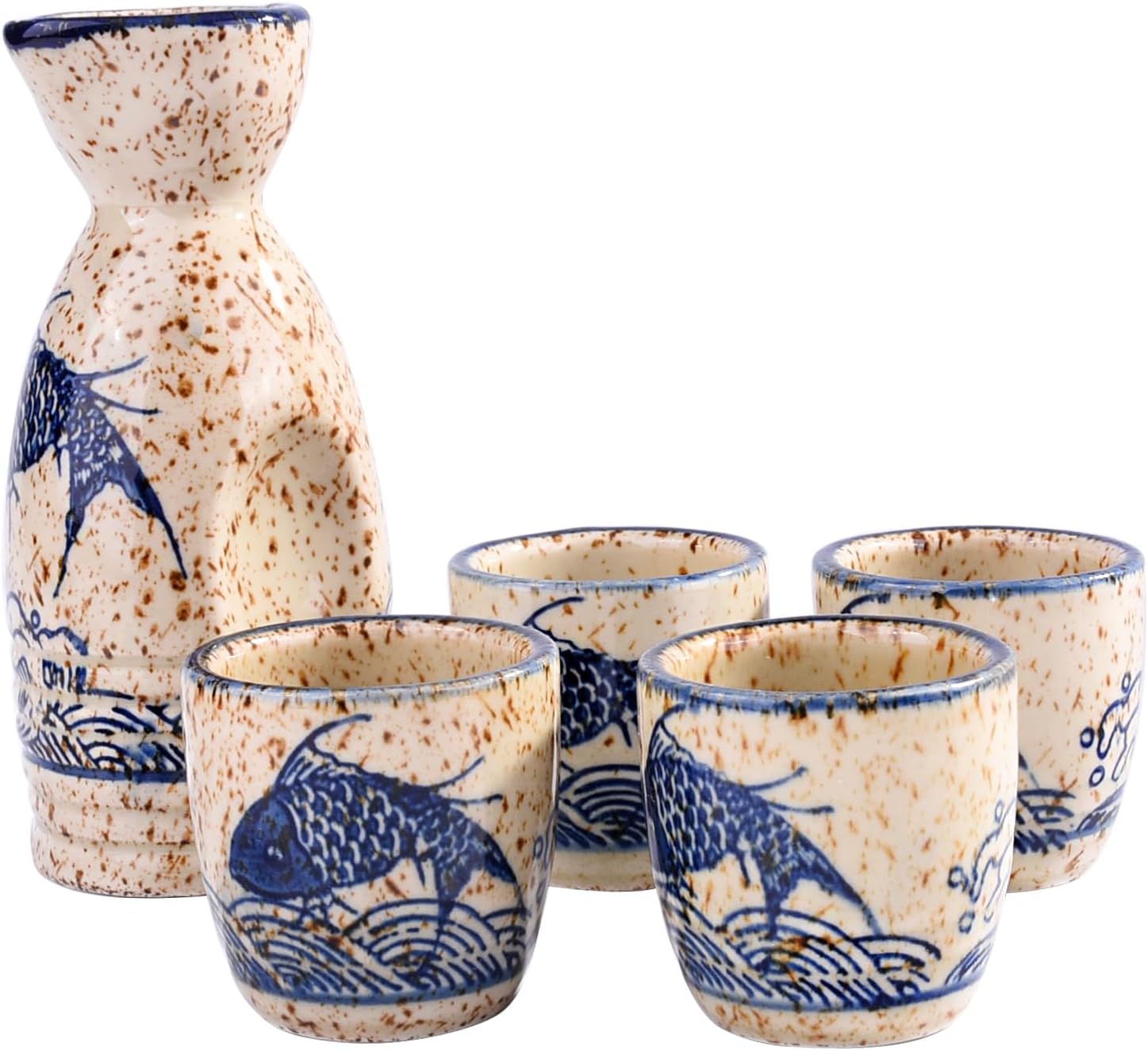 Japanese Ceramic Sake Set of 5, 1 Sake Flask with 4 Sake Cups