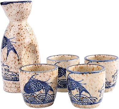 Japanese Ceramic Sake Set of 5-1 Flask and 4 Cups with Traditional Fish Pattern, Handcrafted Oriental Drinking Ware for Home Serving, Japanese Style