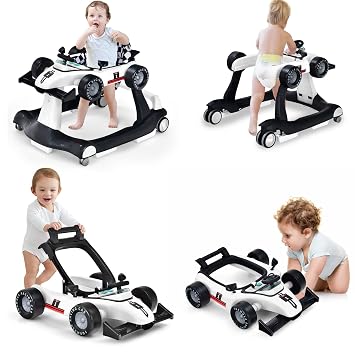HONEY JOY 4-in-1 Baby Walker, Activity Push Walker w/3 Adjustable Heights, Smooth Wheels w/Adjustable Speed, Padded Seat, Music & Light, Foldable Car Walker for Baby Boys Girls Age 6 Months+ White