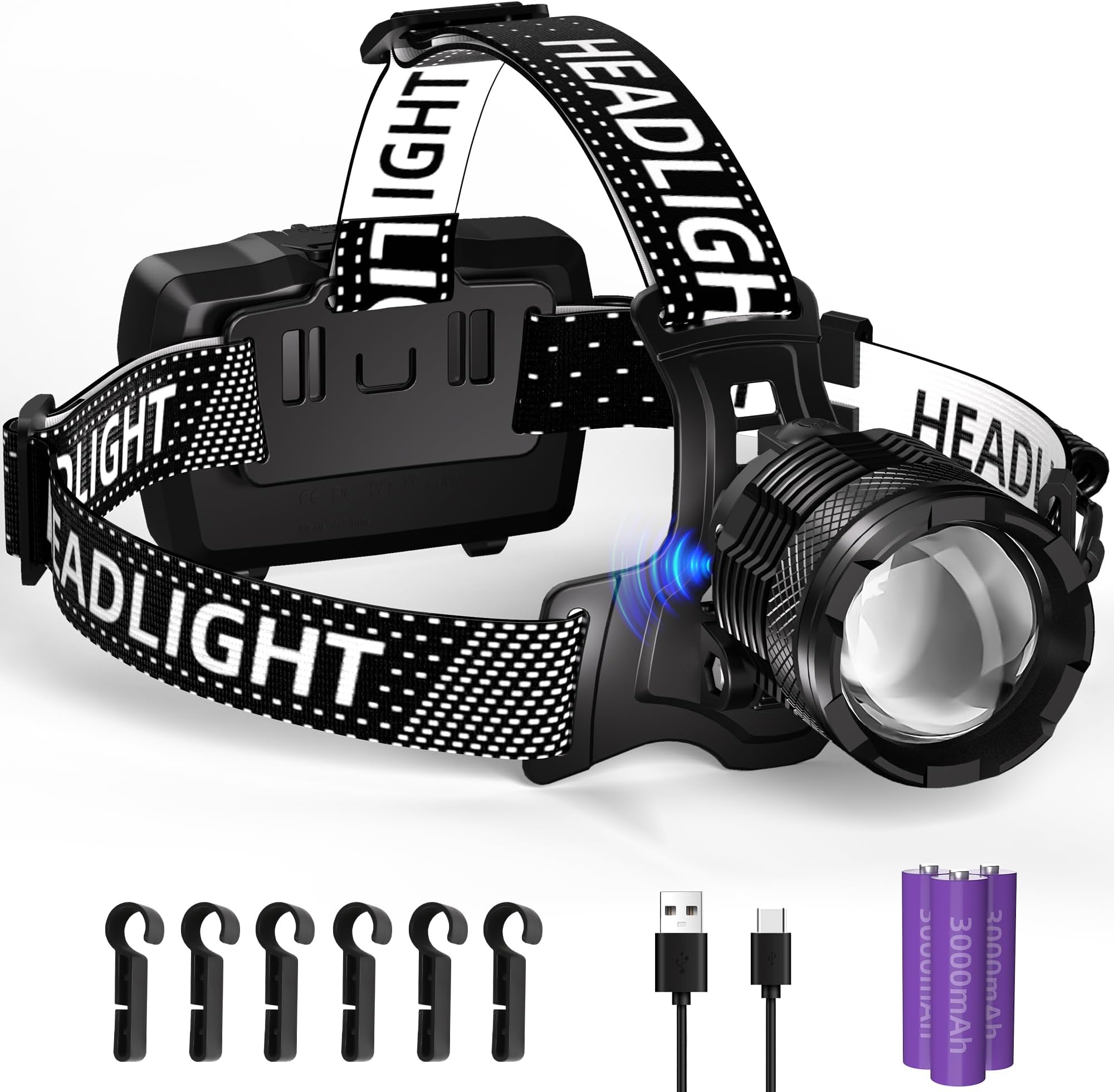 Zmoon High Lumen Rechargeable LED Headlamp 40H Long Battery Life, Super Bright Sensor Head Lamp with 3 Lighting Modes | Zoomable | Power Display | IP67 Waterproof for Camping Hunting Adventures Hiking