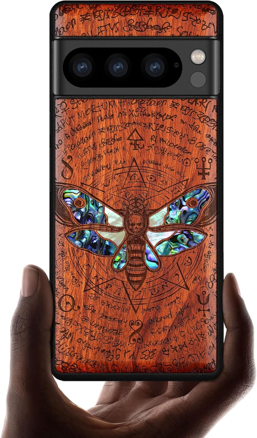 Carveit Designer Wooden Case for Google Pixel 8 Pro Case Cover [Wood Engraving & Shell Inlay] Compatible with Wireless Chargers Pixel 8 Pro (Yin Yang Wolf-Blackwood)