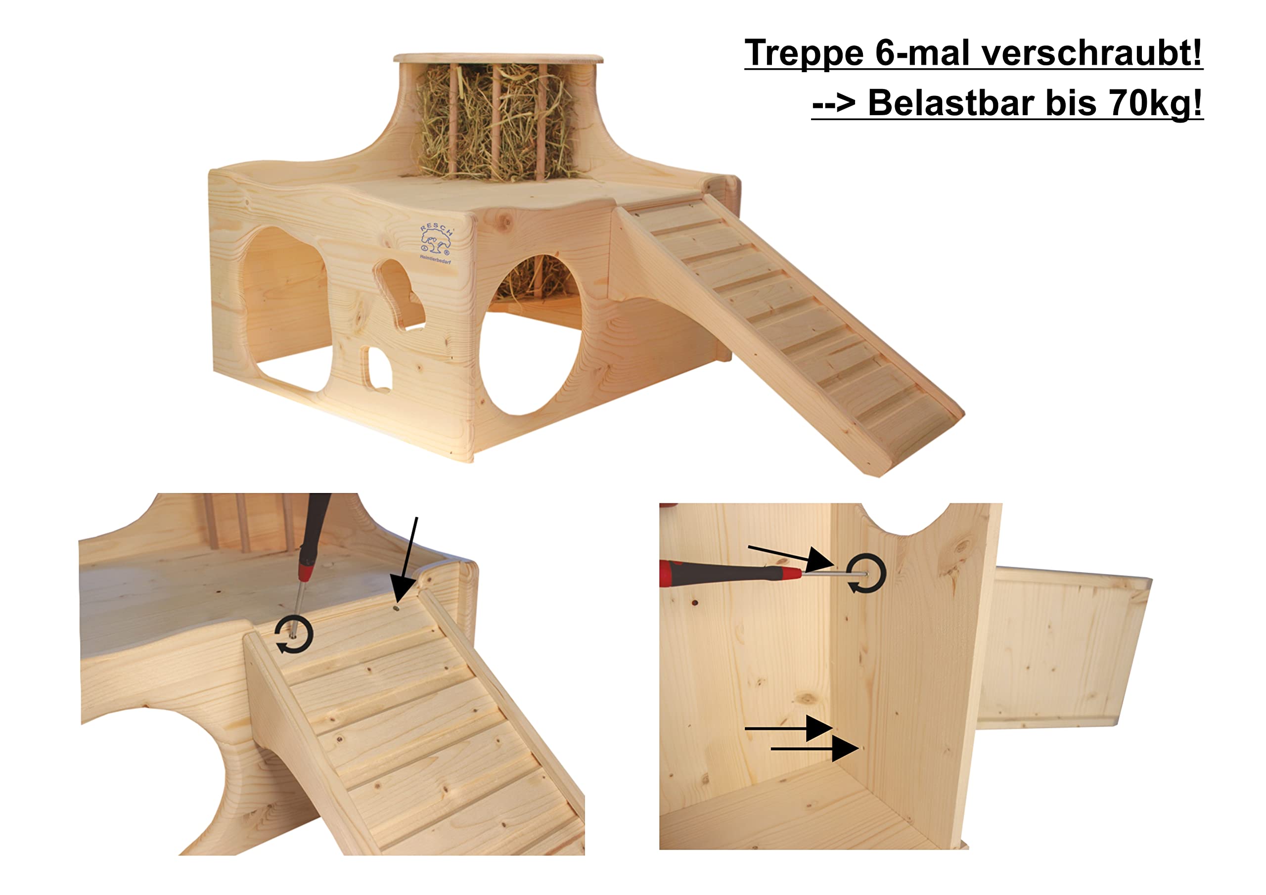 Resch Nr45 Heuburg, Naturbelassenes Massivholz aus Fichte/Mit Einer Zwei Etagen Heuraufe, Zwei Großen EIN-/Ausgängen und Einer Rampe zur Terrasse/Maße: 43,4 x 66,5 x 35cm (LxBxH)