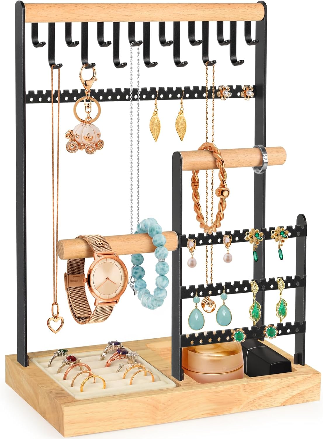 PAMANO Jewelry Organizer with Velvet Ring Holder 15 hooks Necklace Stand, 4-Tier Earring Display with 68 Holes, Bracelet Tree Tower Dresser Vanity – Black