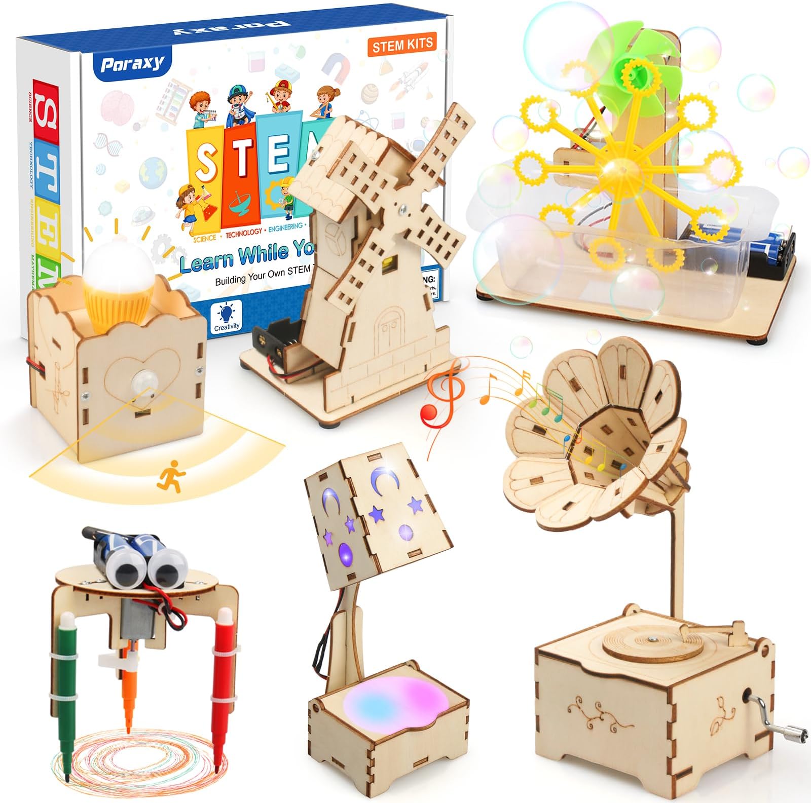 Poraxy STEM Kits for Kids Age 8-10-12, 6 in 1 Science Kits, Wooden 3D Puzzles, Toys for Ages 8-13, Building Projects Crafts Model Kits, Birthday Gifts for Boys Girls Ages 7 8 9 10 11 12 13 Years Old