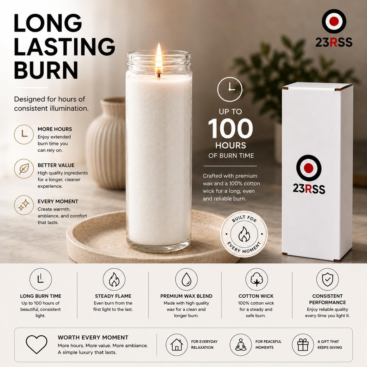 White 8-Inch Unscented Glass Jar Candle, Approx. 100-Hour Burn