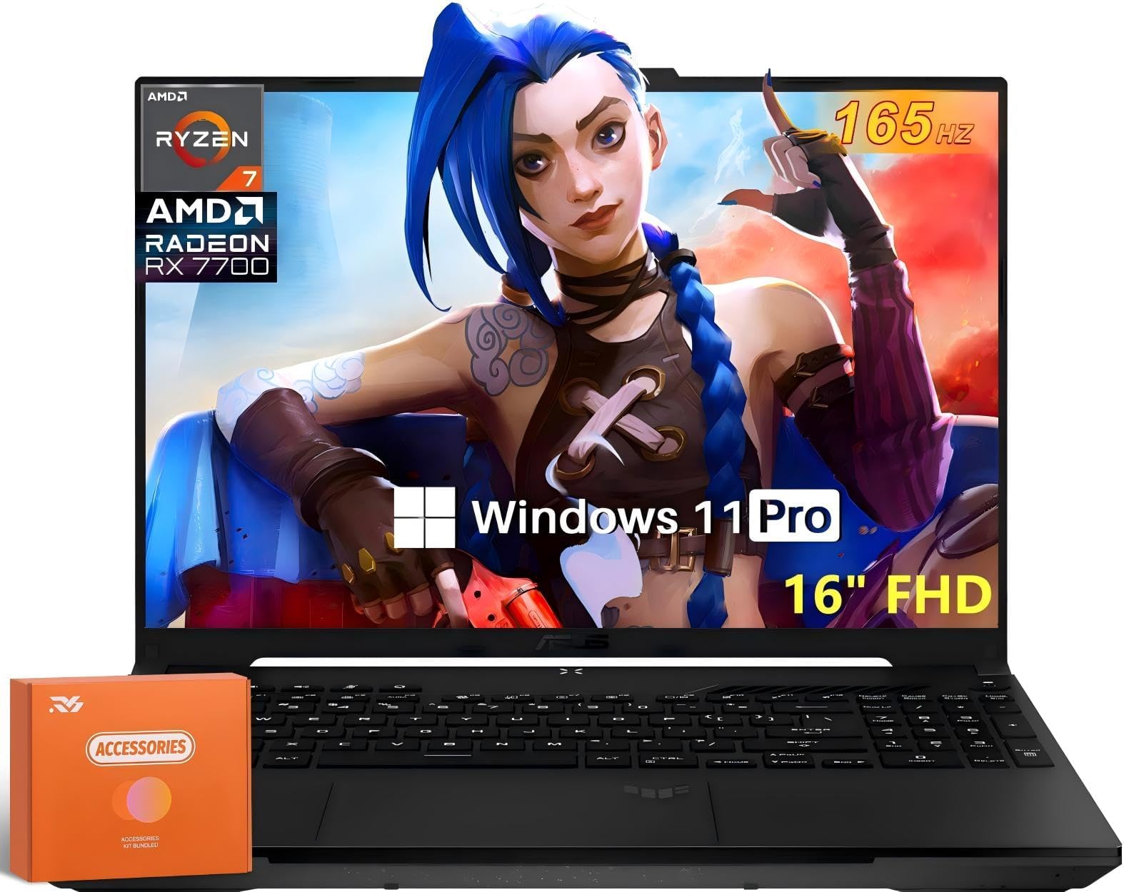 ASUS TUF A16 Gaming Laptop with Lifetime MS Office Pro, AMD Ryzen 7 7735 HS (Up to 4.75 GHz), Radeon RX7700S, 16" FHD 165 Hz, 64 GB DDR5, 2 TB SSD, RGB Backlit KB, Wi-Fi 6, Win 11 Pro, w/Accessories