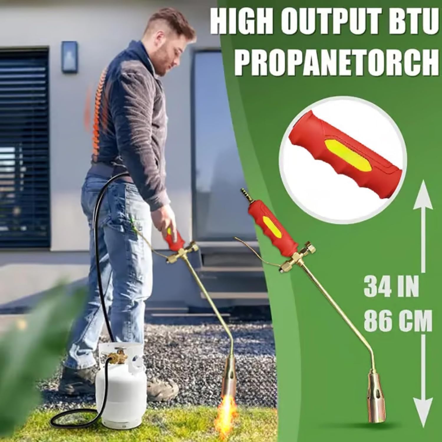 Kit de brûleur de mauvaises herbes portable avec tuyau de 1,2 m pour désherber la flamme, la toiture et le dégivrage – Diamètre de la buse de 5,1 cm