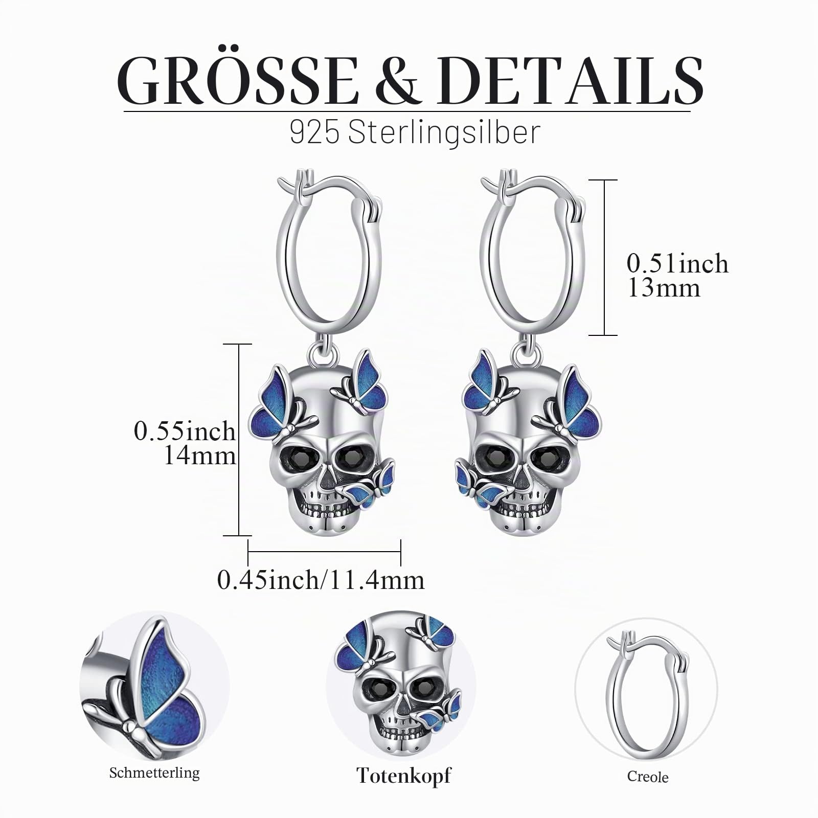 Totenkopf Ohrringe,925er Sterlingsilber Schädel Ohrstecker Totenkopf Rose Ohrringe Goth Ohrstecker Hypoallergene Schmuck Halloween Geschenke für Damen Männer