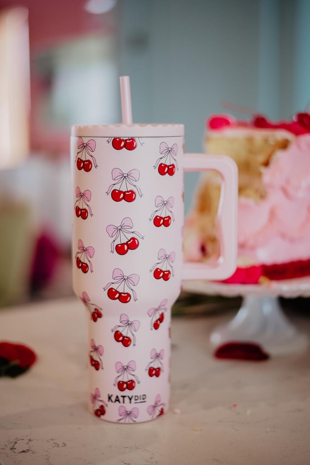 KATYDID 38oz Stainless Steel Tumbler with Handle and Straw - Dishwasher Safe Insulated Tumbler for All-Day Hot or Cold Coffee, Water, Tea, Smoothies and More (Cherry Bow) - Image 2