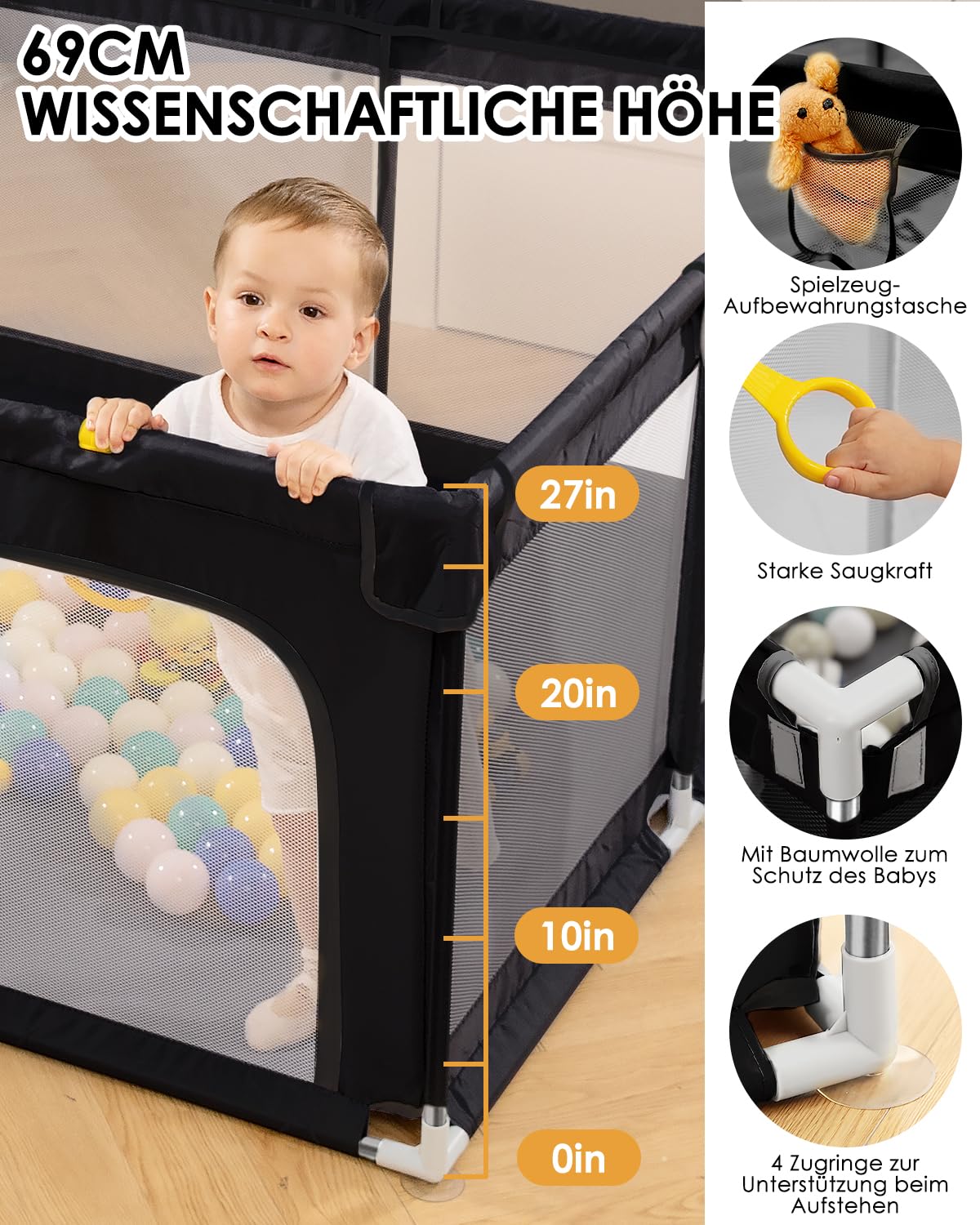 derimkcoa Laufstall Baby,Laufgitter Baby,Kinderzaun mit Atmungsaktivem Netz,Tragbarer Laufstall für Drinnen und Draußen(130x130x66cm,Schwarz)