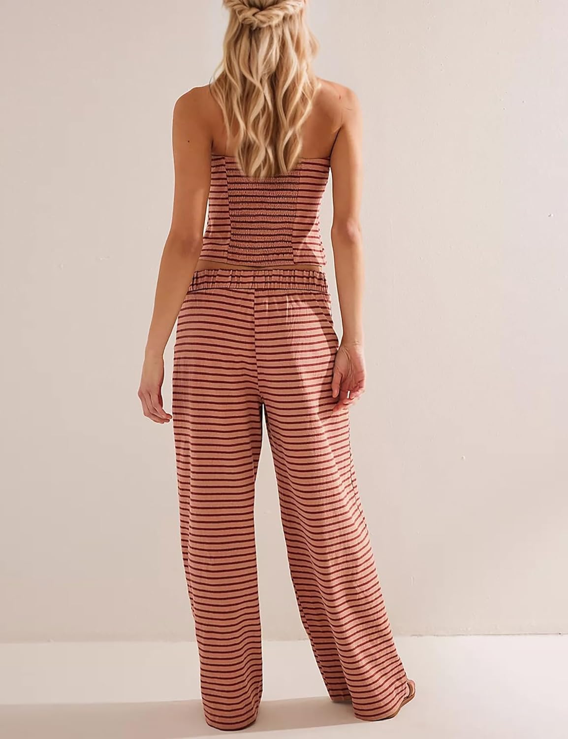 Women’s 2 Piece Sets Striped Summer Matching Outfits Strapless Crop Tube Top and Wide Leg Pants Lounge Set