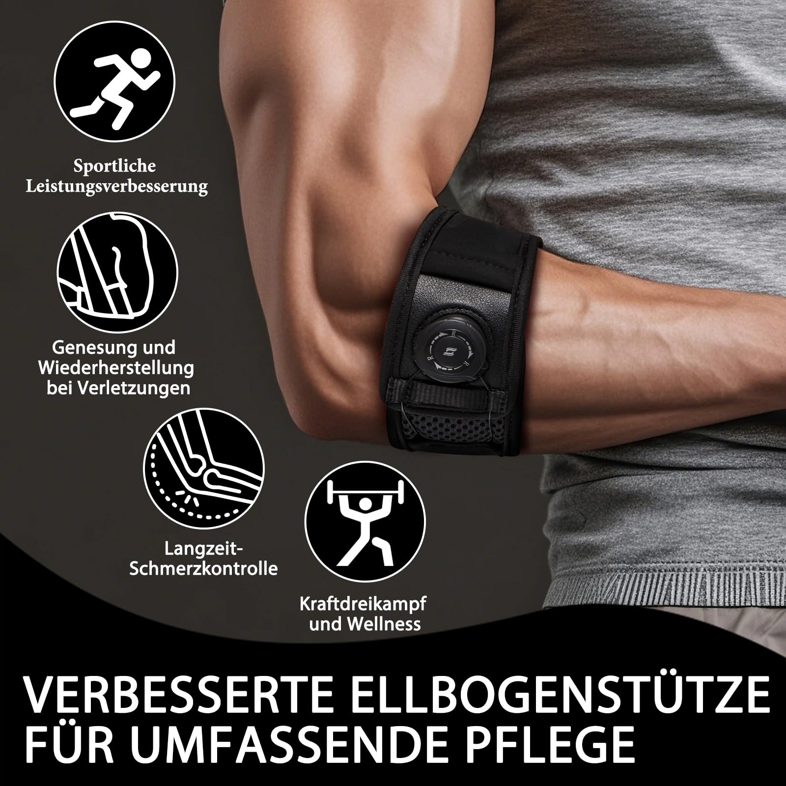 1 Pack Ellenbogenbandage Männer Damen, Einstellbare Tennisarm und Golferarm Bandage für Sports, Sehnenentzündung, Unterarm Schmerzen, Schwarz, Einheitsgröße M/L 23-29 cm